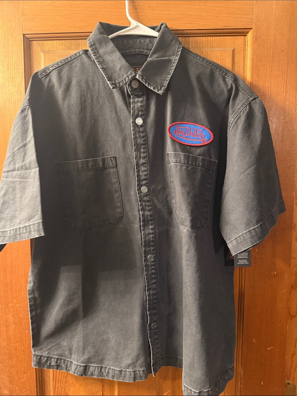Von Dutch Black Short-Sleeve Button-Up Work Shirt with Red & Blue Patch